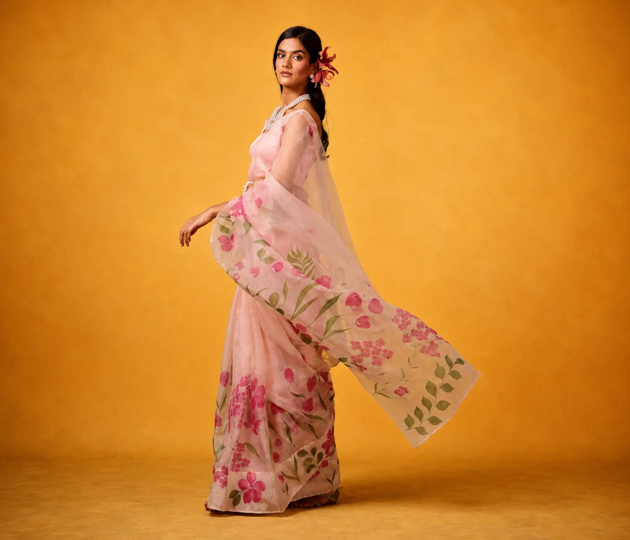 Hand-Painted Blush Pink Organza Saree with Floral Artwork